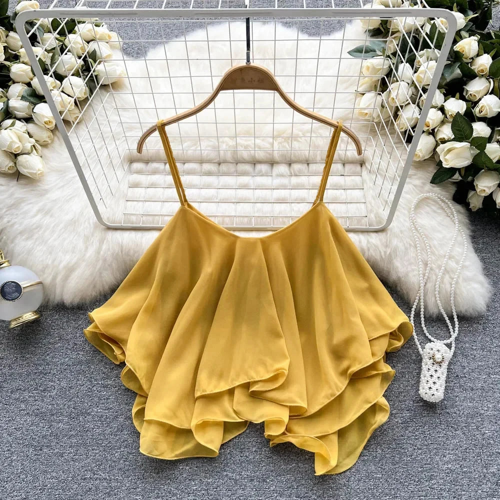 Women's Solid Polyester Ruffle Crop Camisole with Thin Shoulder Straps