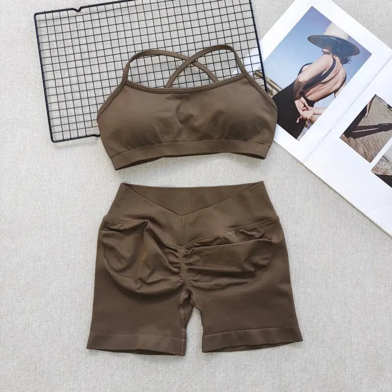 Women's Cross Back Bra And Shorts Yoga Set