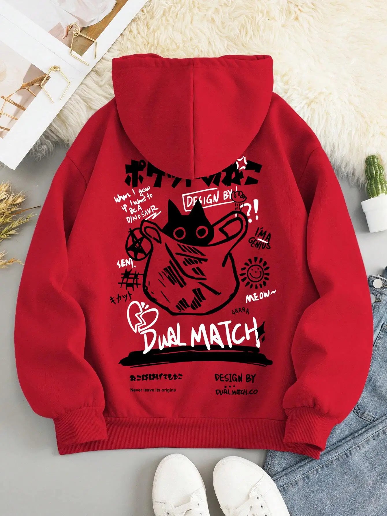 Cat Graphic Long Sleeve Pullover Casual Hoodie for Layering