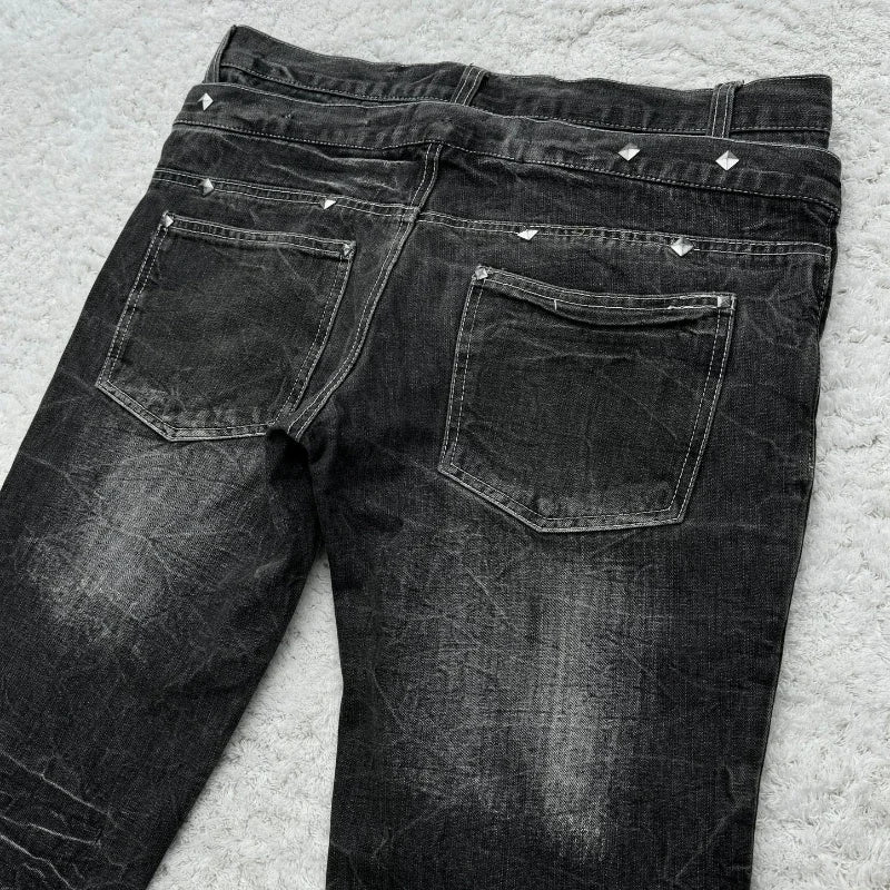 Women's Lace Double Waist Distressed Flared Denim Jeans