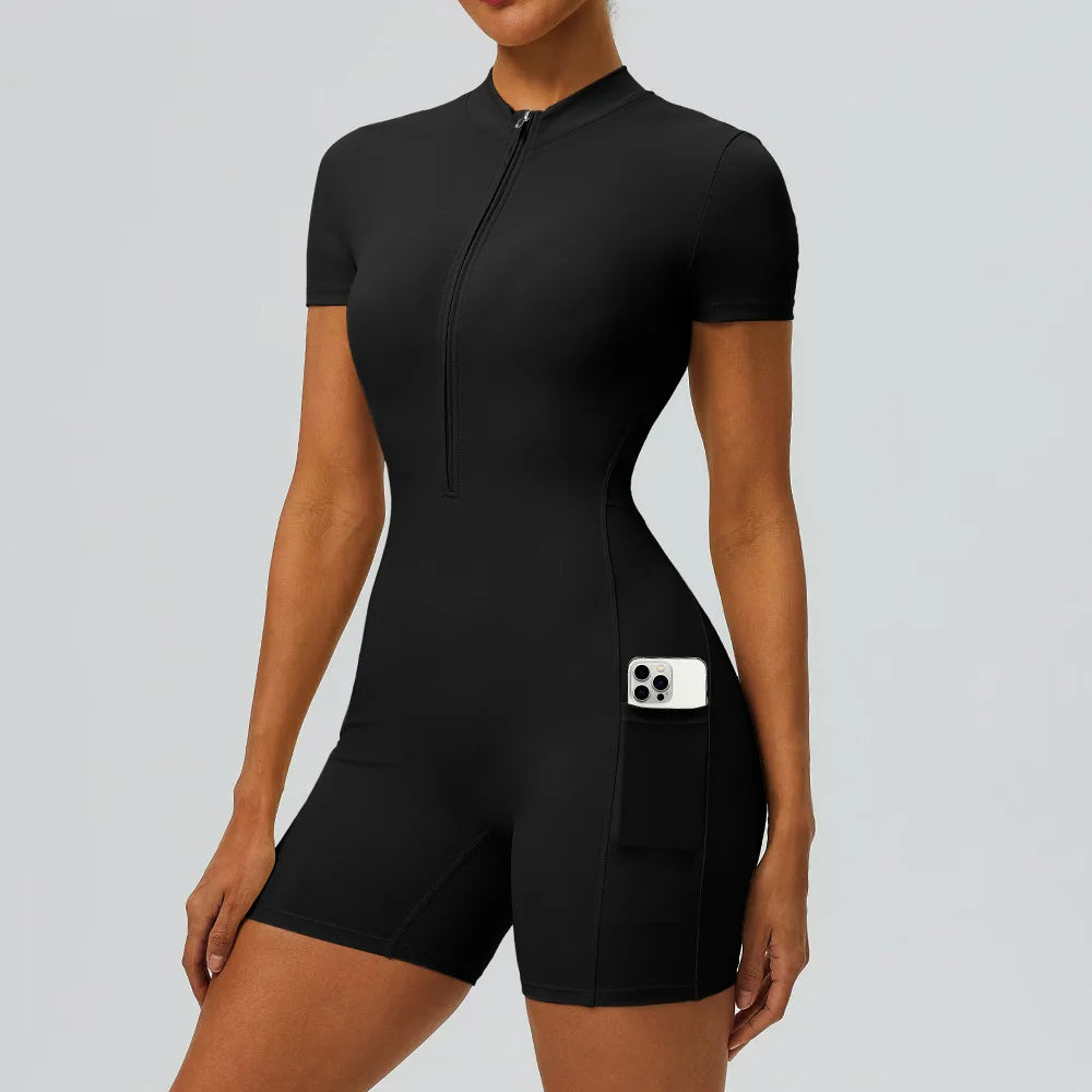 Women's Short Sleeve Zip Front Workout Romper with Open Back