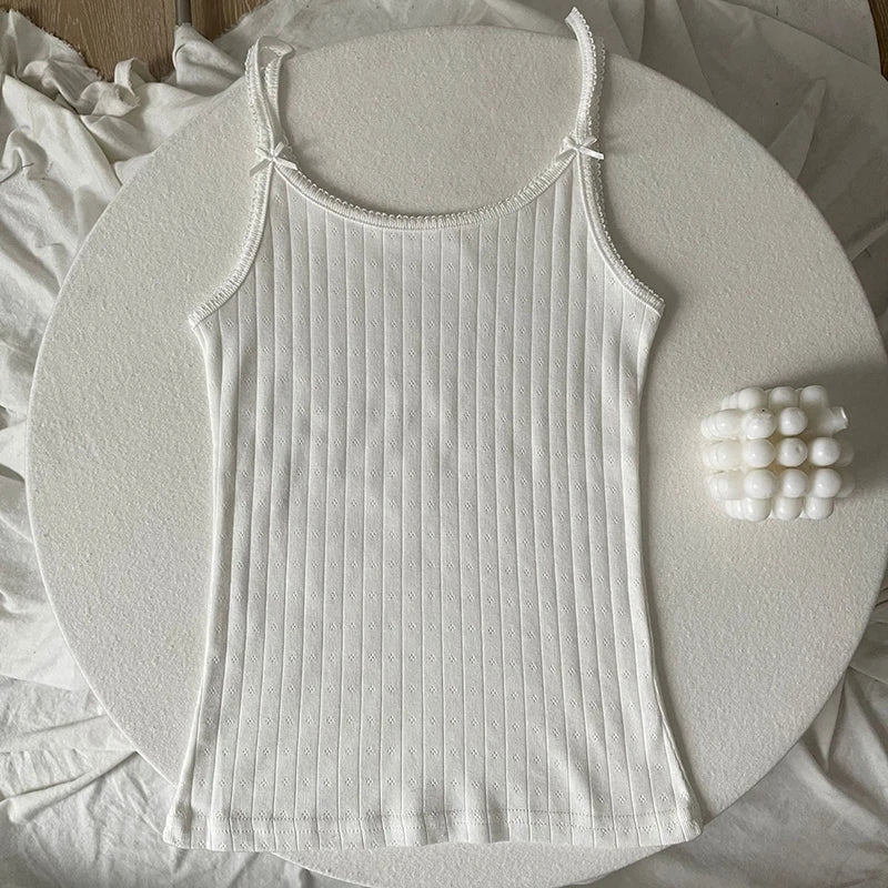 Women's Lace Trim Cotton Camisole with Bow Detail and Multiple Pattern Options