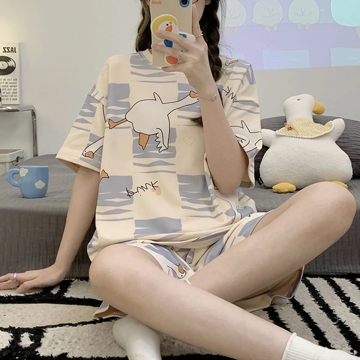 Women's Cartoon Print Short Sleeve Pajama Set with Top and Shorts