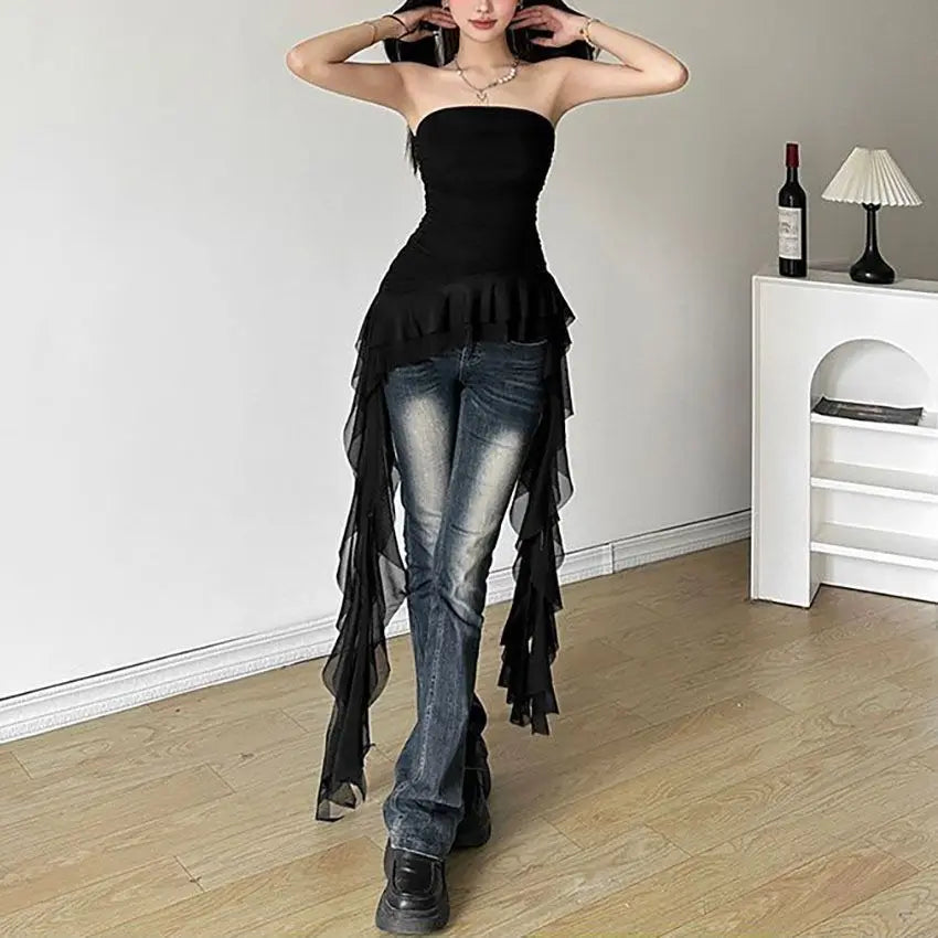 Women's Strapless Crop Top with a Cropped Length and Fringe Hem