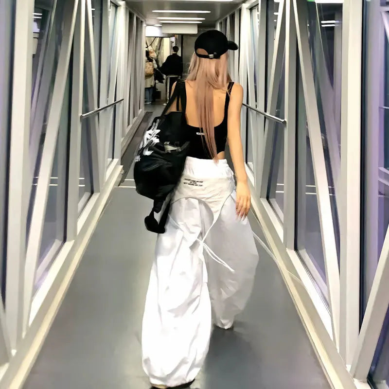 Women's White Wide Leg Cargo Pants with Embroidered Waist Detail