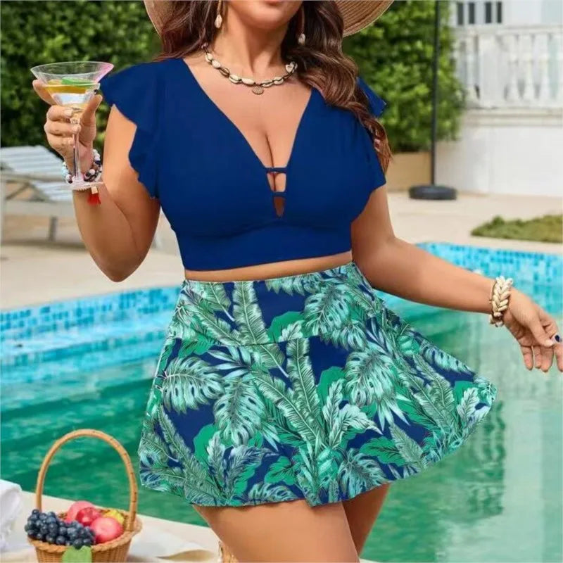 Women's Flutter Sleeve Crop Top and Printed Skirted Bikini Set