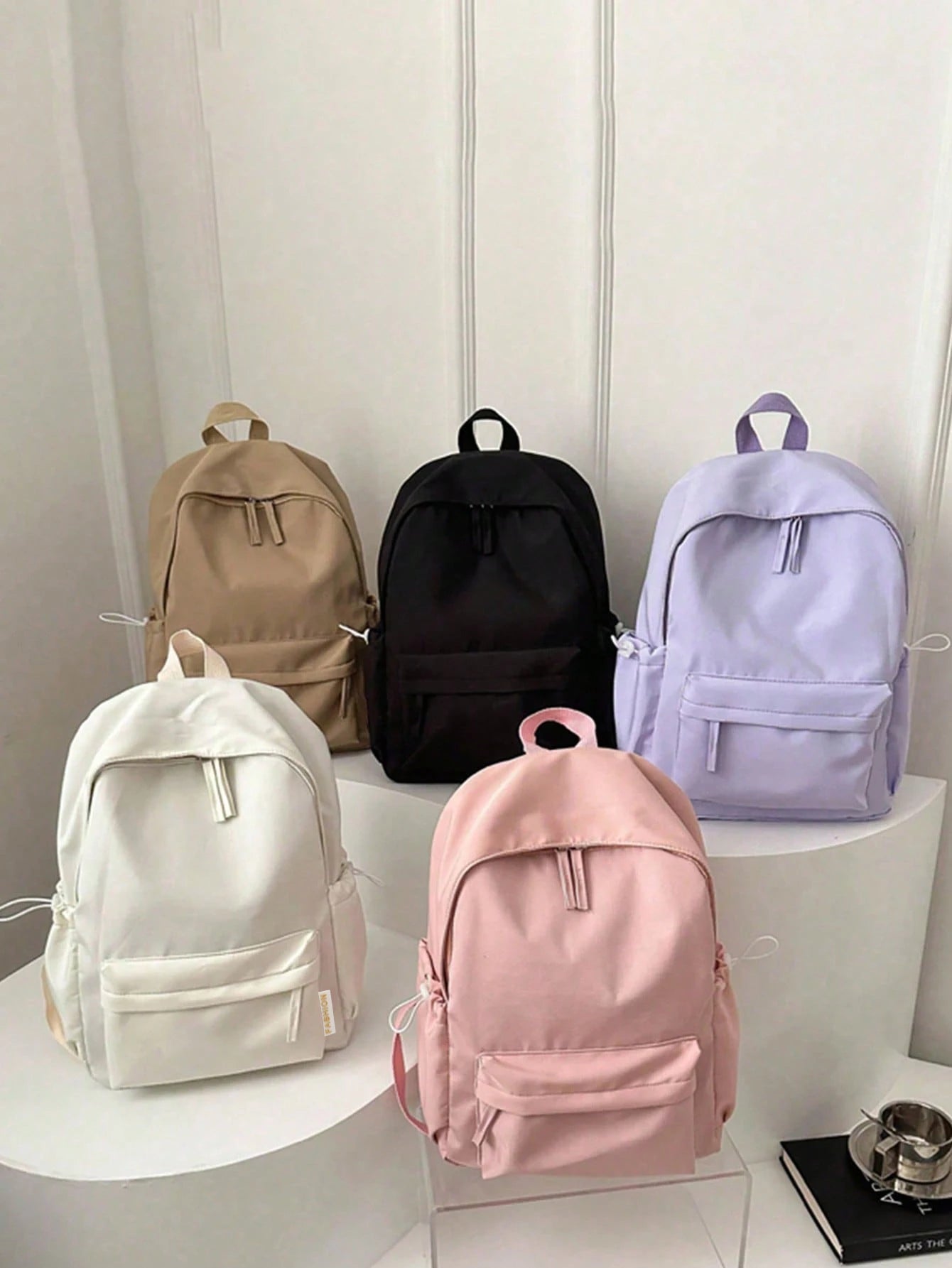 Solid Colour Student Backpack with Front Zipper Pocket and Top Handle