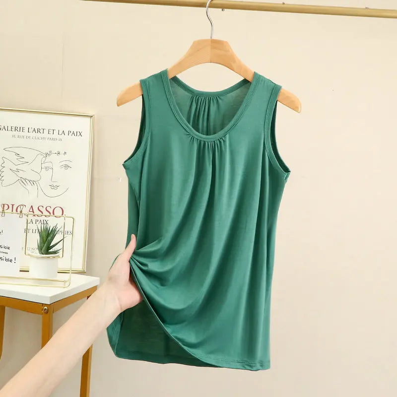 Women's Gathered Neck Polyester Modal Tank Top with Loose Sleeveless Fit