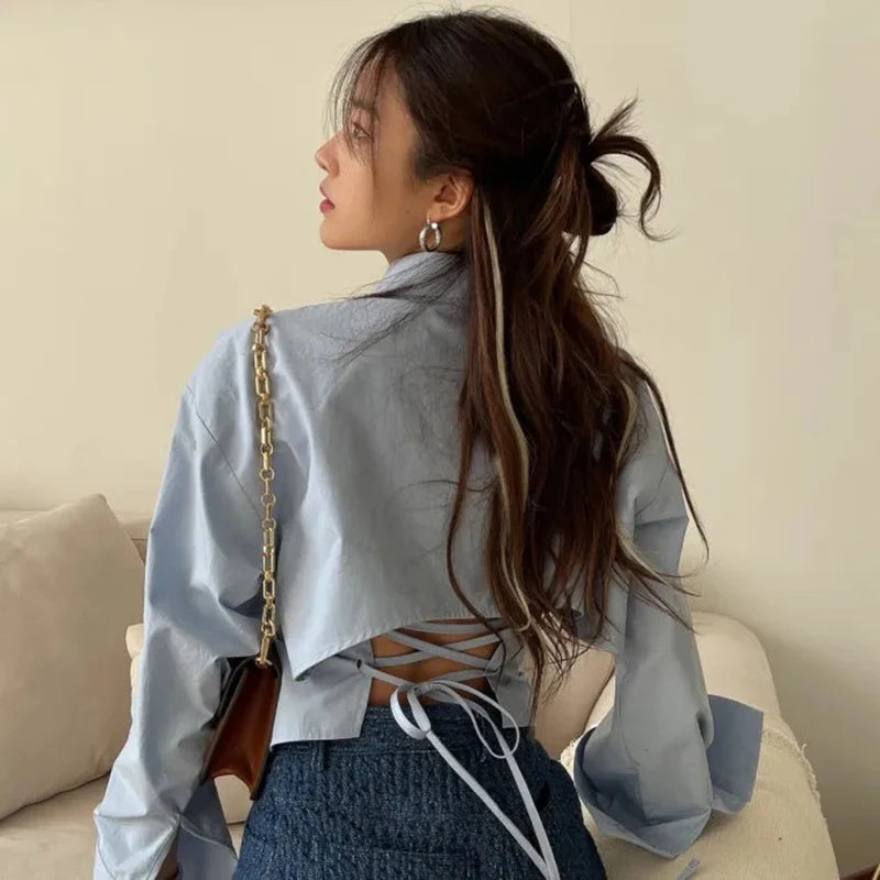 Women's Open Back Long Sleeve Tie Waist Shirt