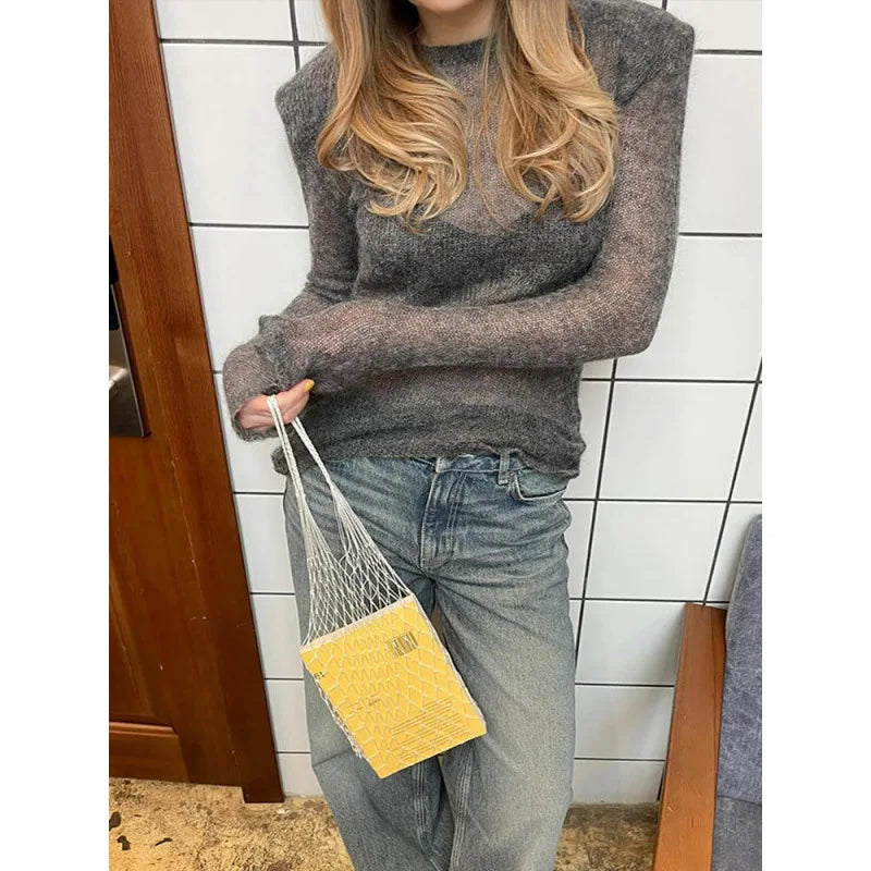 Women's Sheer Crew Neck Long Sleeve Sweater Casual Knit Layer