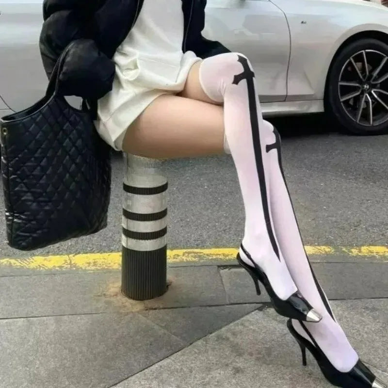 Cross Pattern Thigh High Stockings with Contrasting Cuff Design