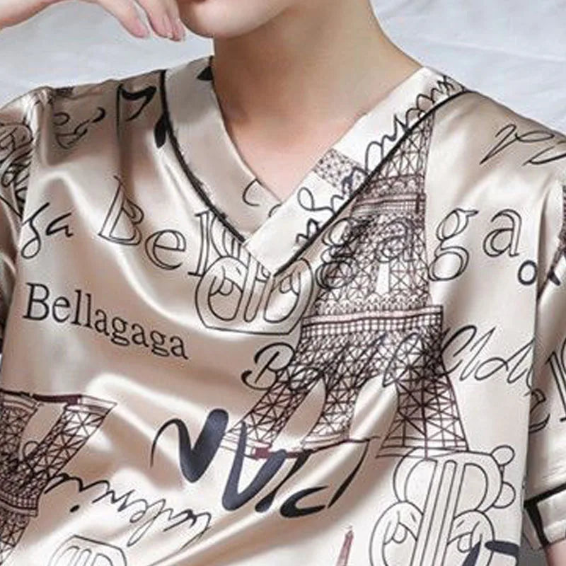Men's Printed Short Sleeve Button Neck Top and Shorts Pajama Set