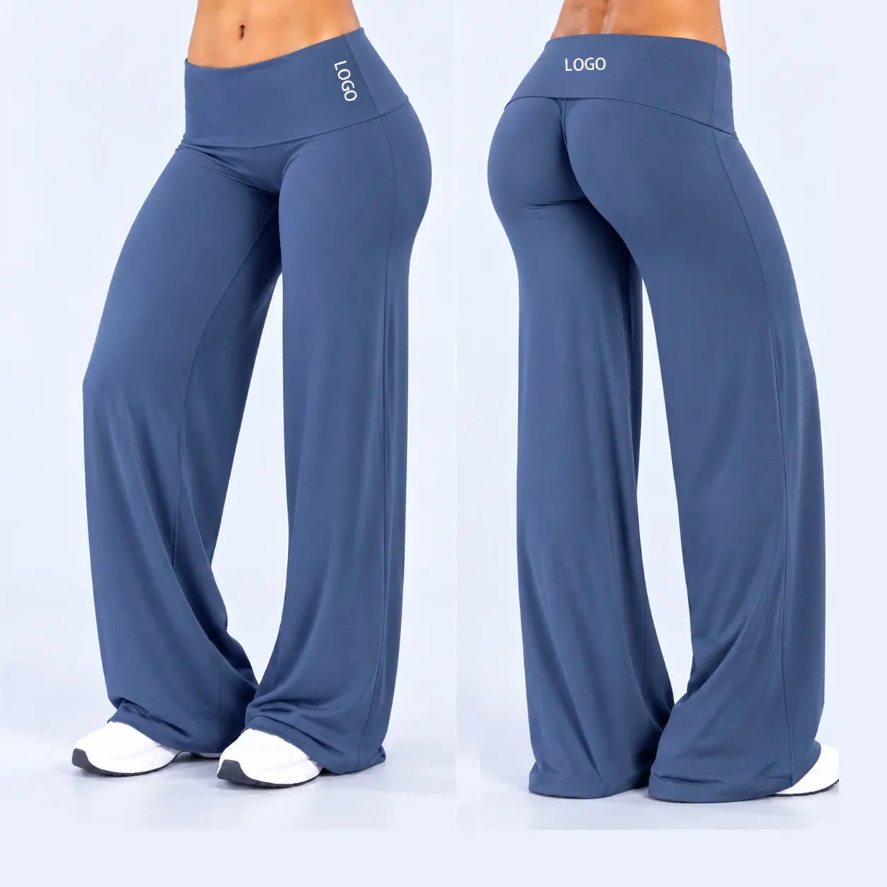 Women's Fold Over Waist Polyester Blend Wide Leg Pants for Casual Activewear