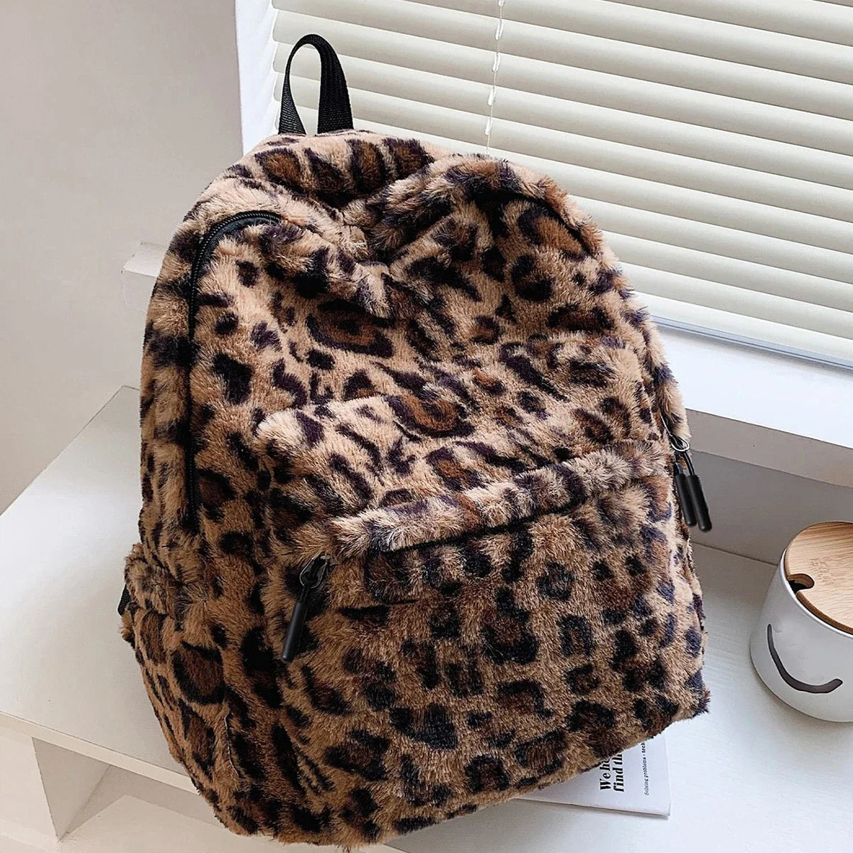 Women's Leopard Print Plush Backpack with Front Pocket and Adjustable Straps