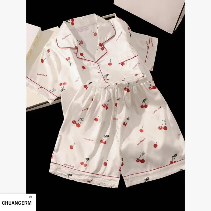 Women's Cherry Print Button Front Pajama Set with Top and Shorts