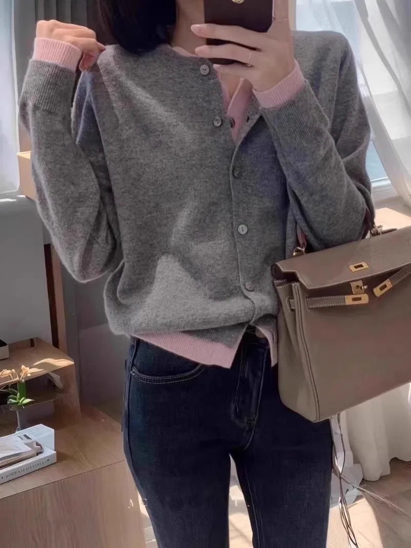 Fake two 100% pure cashmere sweater cardigan dark grey high-grade wool knit coat top