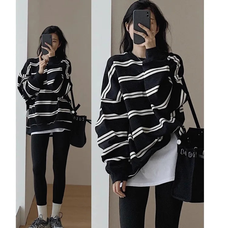 Striped Long Sleeve Pullover Casual Sweatshirt for Layering