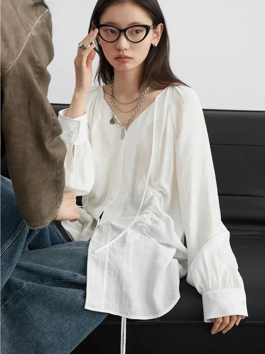 Women's V Neck Loose Blouse with Tie Cuffs