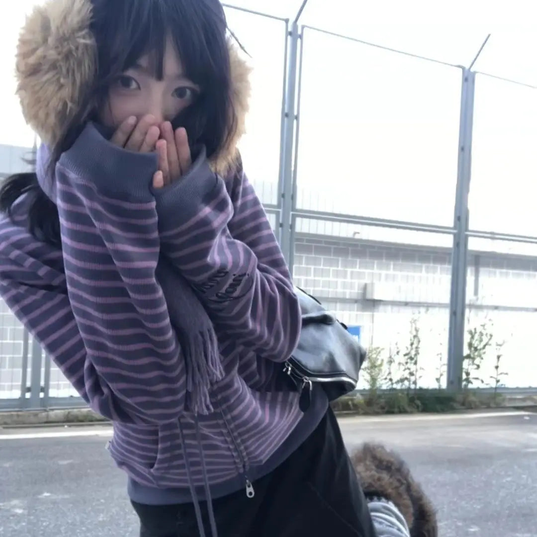 Striped Long Sleeve Full Zip Casual Hoodie for Layering