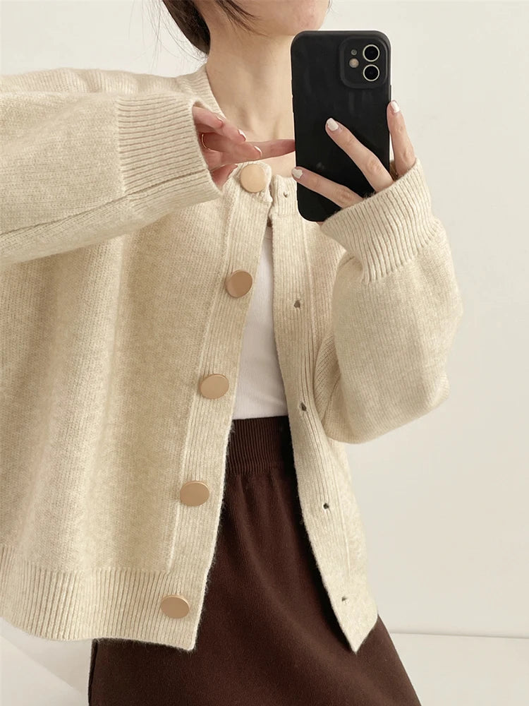 Women's Large Button Crew Neck Cardigan Casual Knit Layer