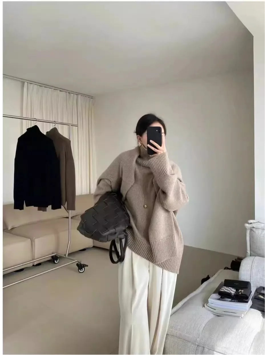 100% pure cashmere sweater for women high-neck sweater loose and thickened silhouette sweater