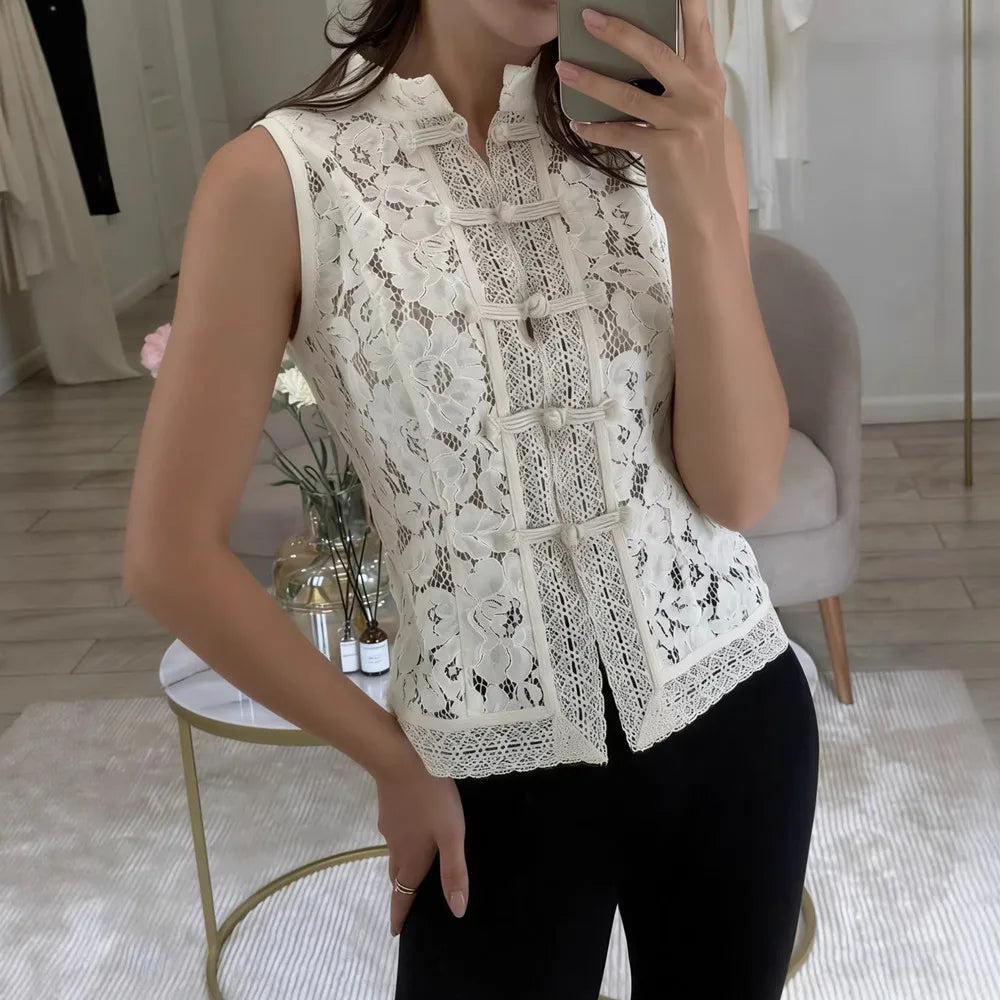 Women's Lace Detail Long Sleeve Button Front Blouse