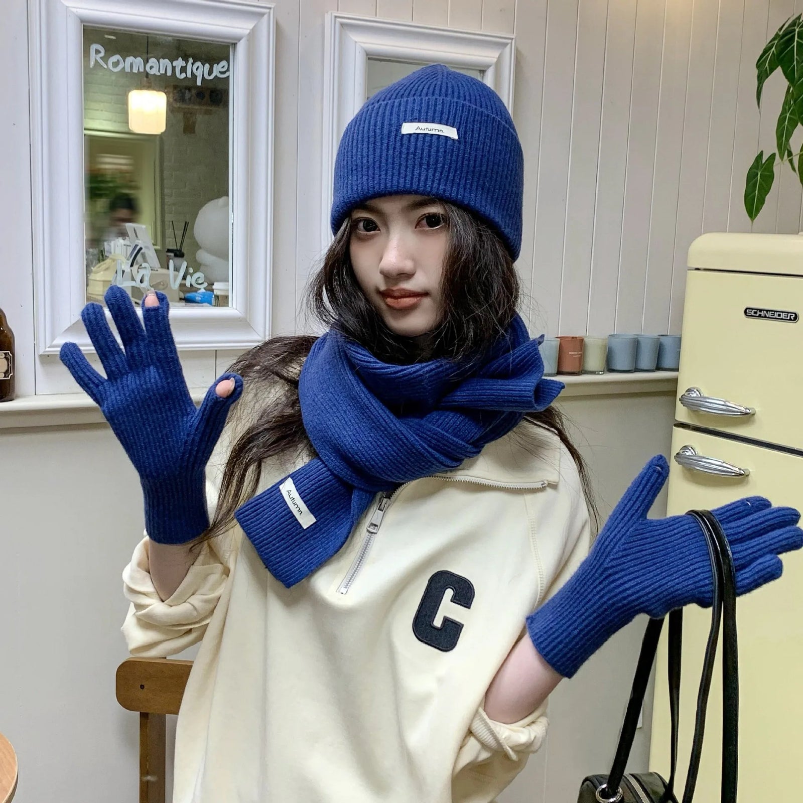 Women's Knitted Hat Scarf and Touchscreen Gloves Set for Winter Wear