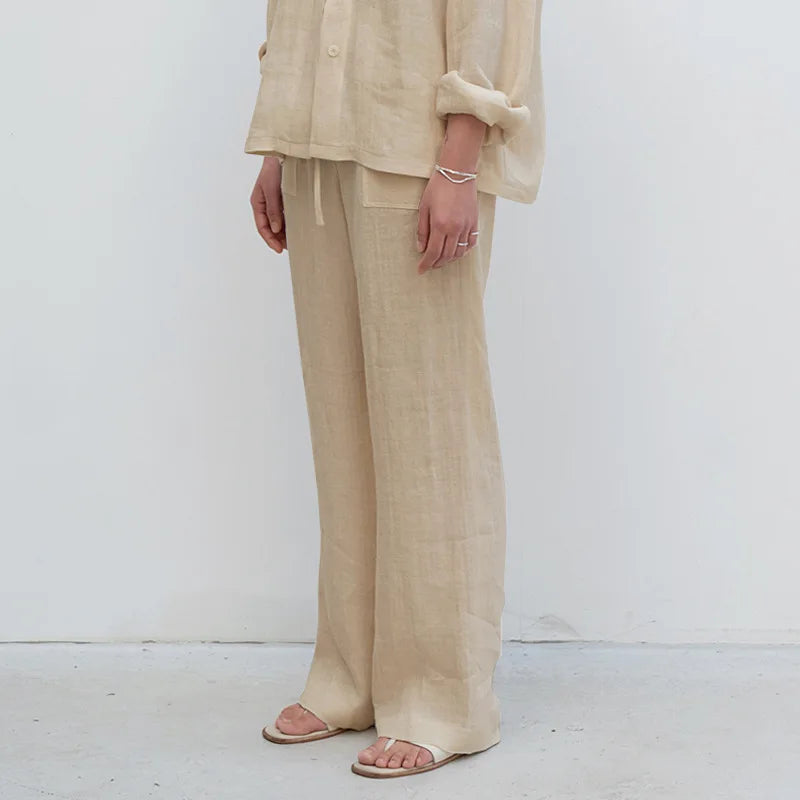 Women's Linen Loose Straight-Leg Full-Length Pants with Drawstring Waist and Side Pockets