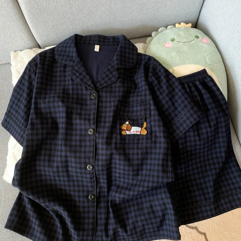 Women's Dog Motif Checked Button Front Pajama Set with Top and Shorts