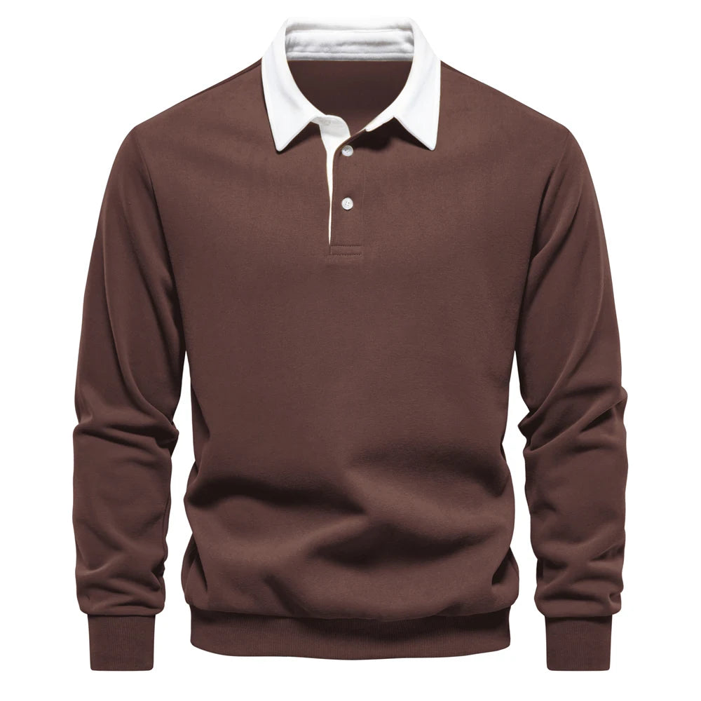 Men's Polo-Collar Long-Sleeve Button-Neck Sweatshirt
