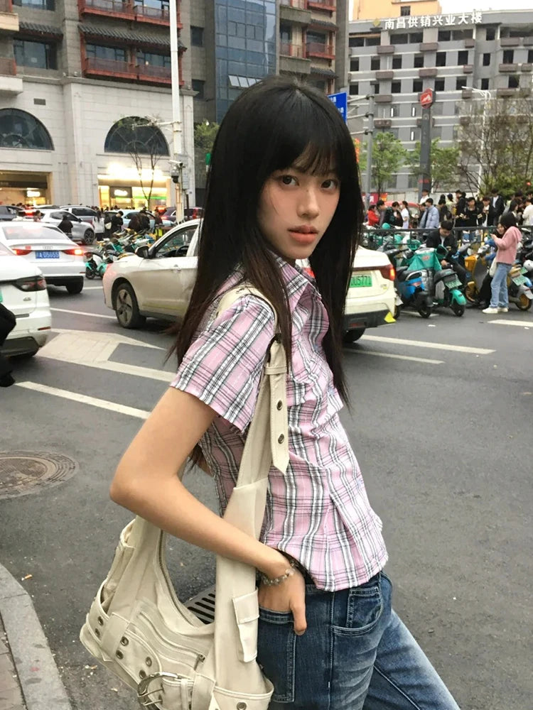 Women's Checked Collared Short Sleeve Shirt