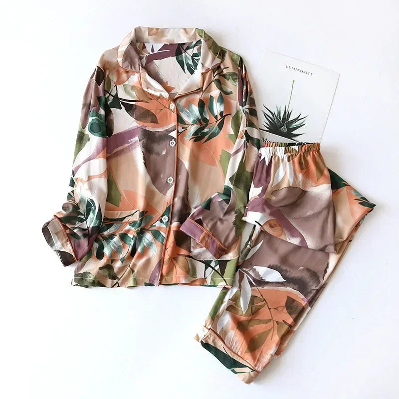 Women's Printed Button Front Pajama Set with Top and Pants