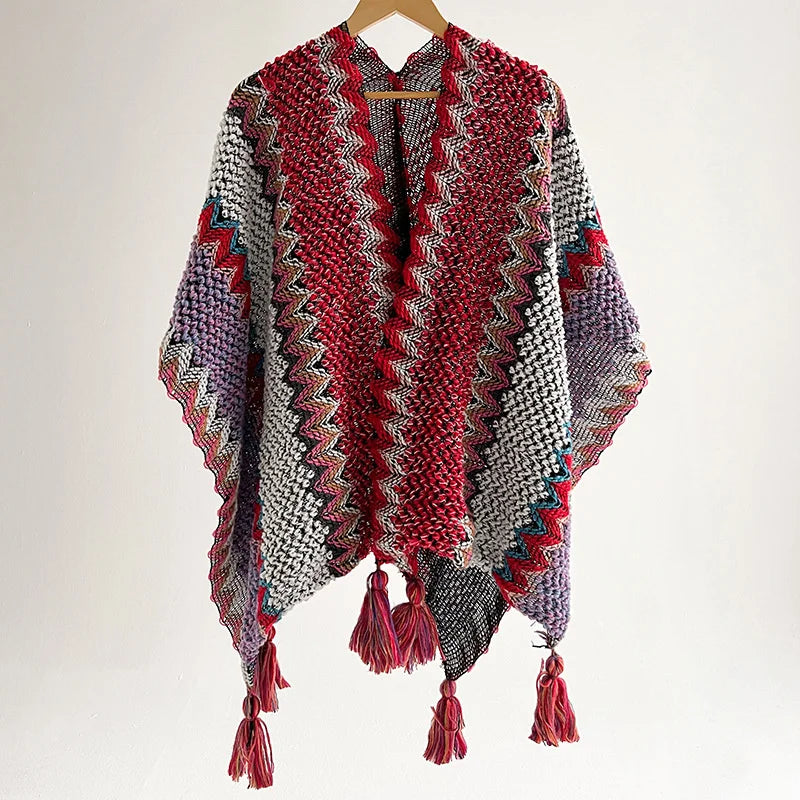 Zigzag Knit Tassel Poncho for Layering over Outfits