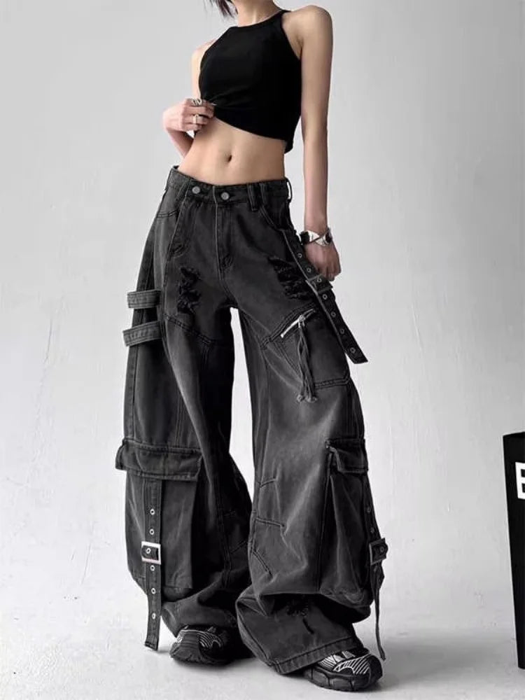 Women's Black Baggy Cargo Pocket Denim Jeans For Everyday Outfits