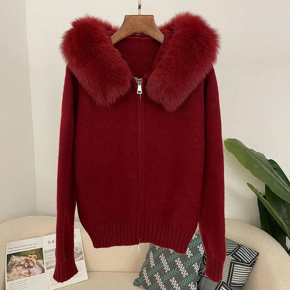 Women's Polyester Zip-Front Long-Sleeve Knit Jacket with Fox-Fur Collar for Winter Outfits