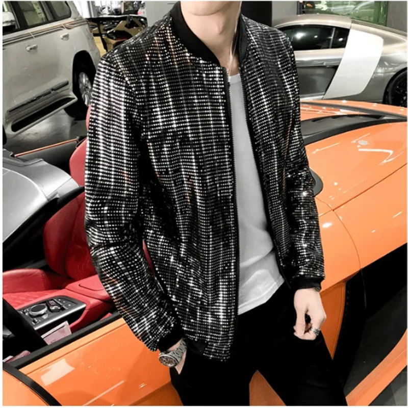 Metallic Finish Long Sleeve Front Zip Casual Bomber Jacket
