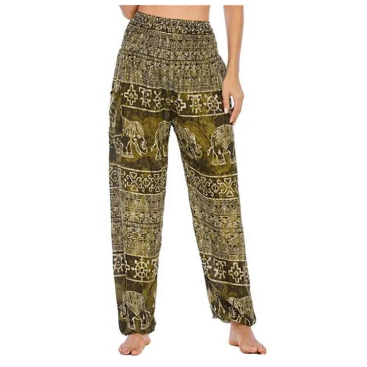 Women's Printed Nylon Harem Pants with Smocked Waist and Convertible Styling