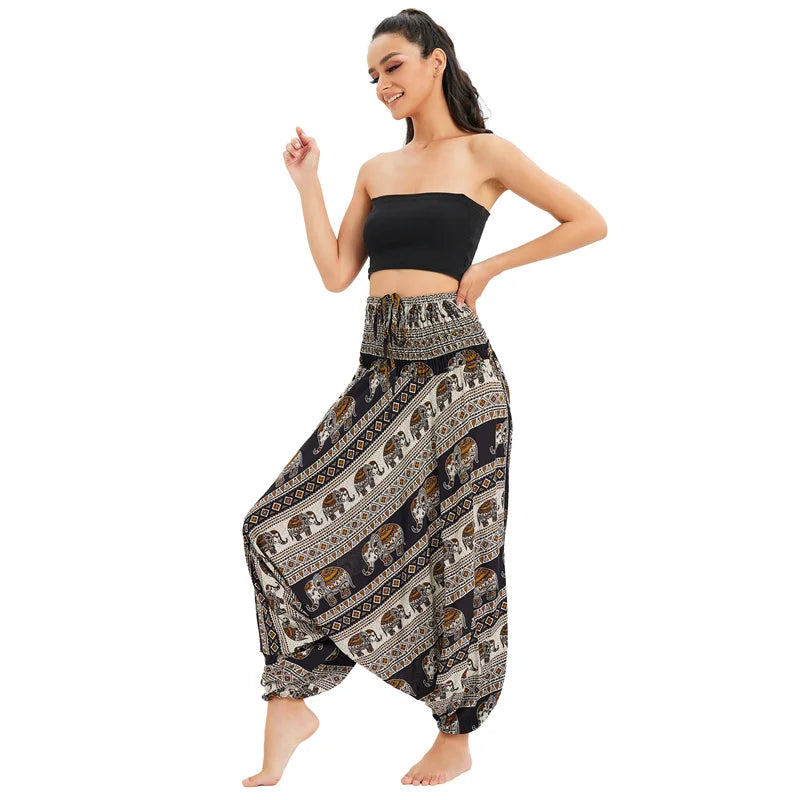 Women's Printed Rayon Harem Pants with Elastic Waist and Convertible Styling