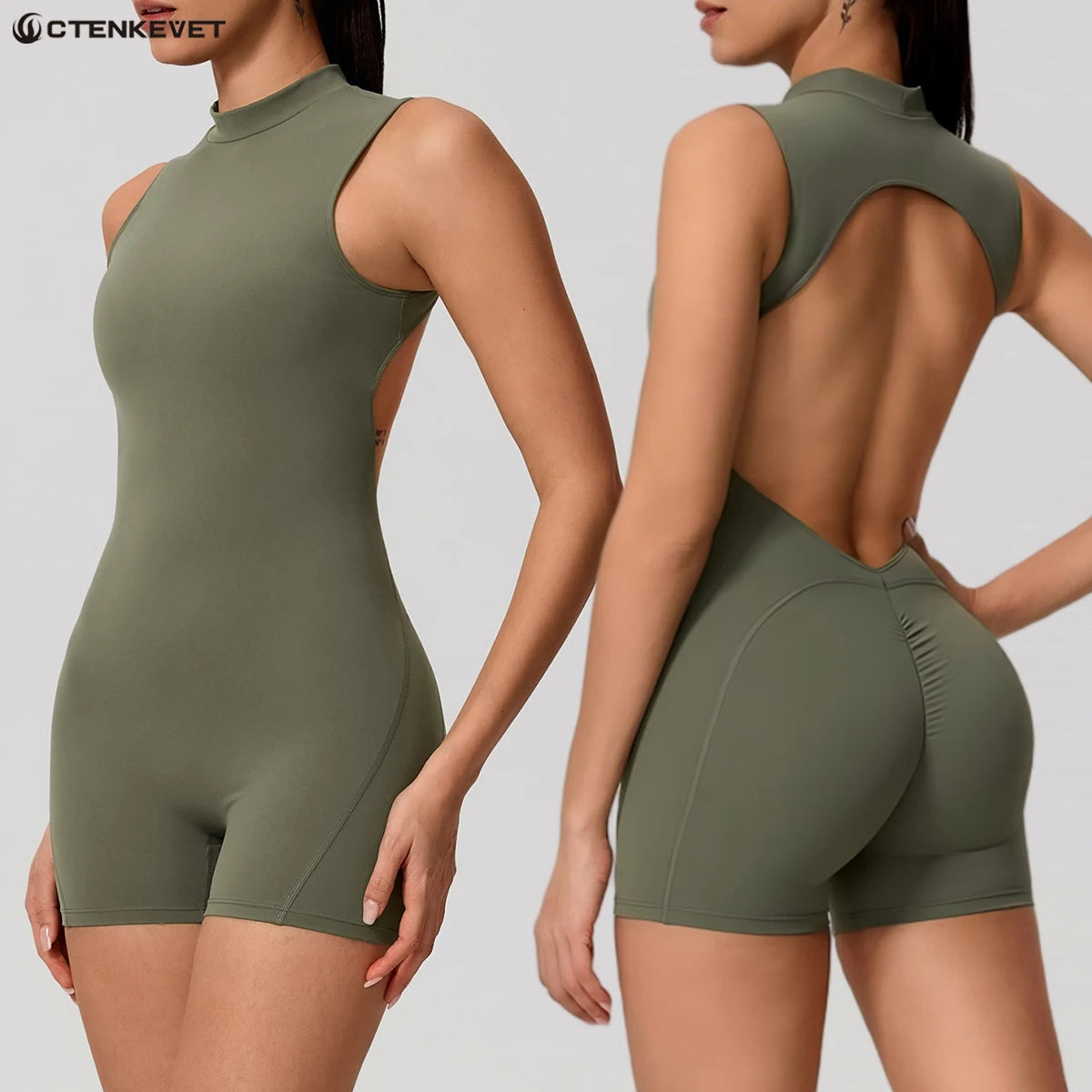 Women's Cap Sleeve Workout Romper with Open Back and Fitted Short Legs