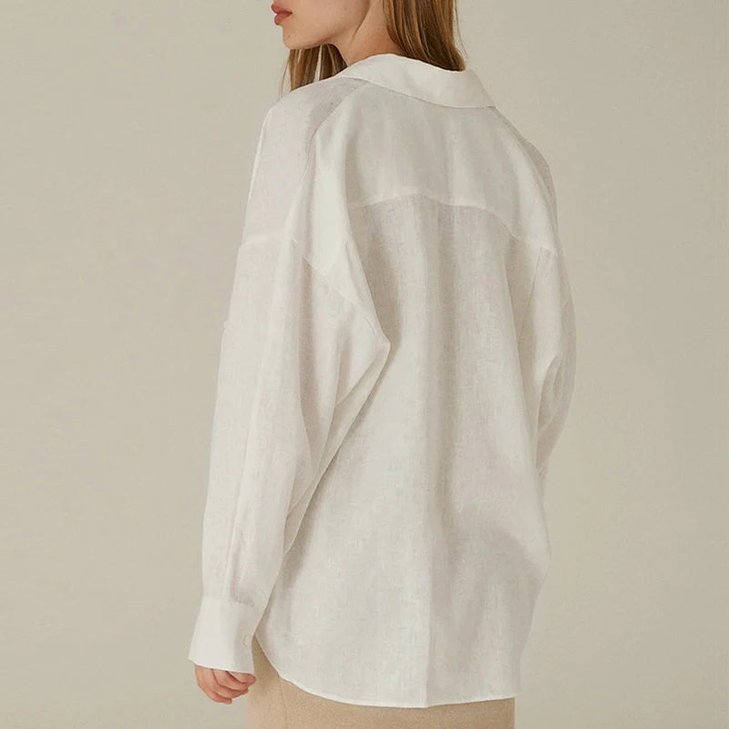Women's Linen Long-Sleeve Button-Up Shirt with Loose Fit for Casual Everyday Outfits