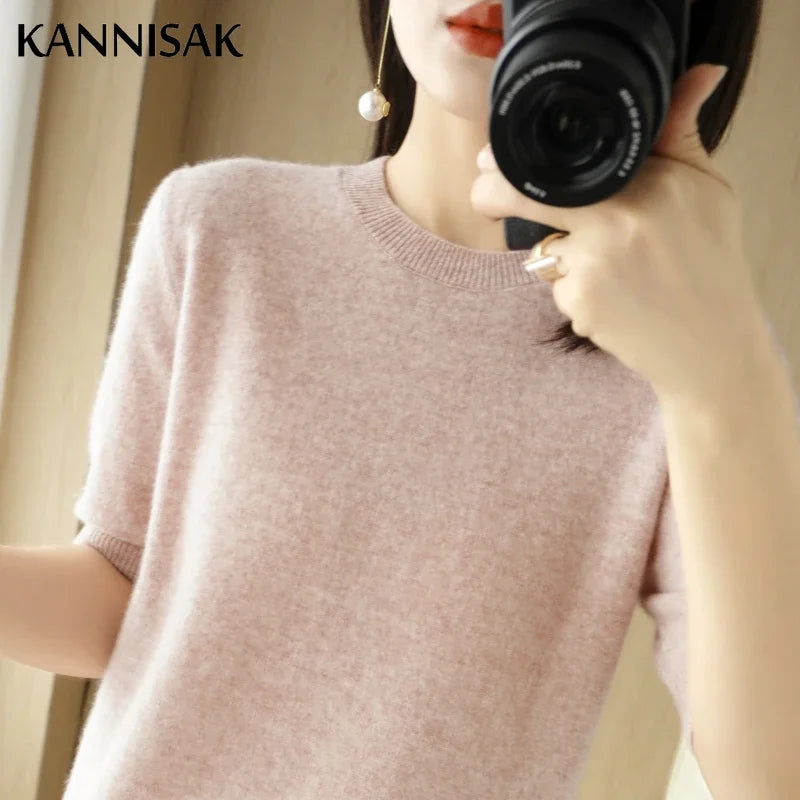 Women's Crew Neck Short Sleeve Sweater Casual Knit Layer