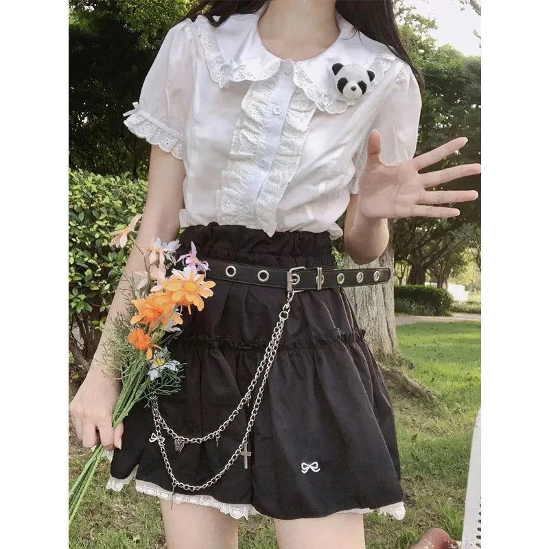 Women's Ruffled Collar Short Sleeve Button Front Blouse