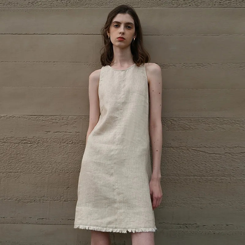Women's Linen Sleeveless Loose A-Line Mini Dress with Round Neck and Pockets