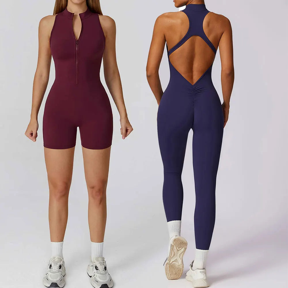 Women's Halter Neck Nylon Blend Workout One Piece with Zipper and Length Options