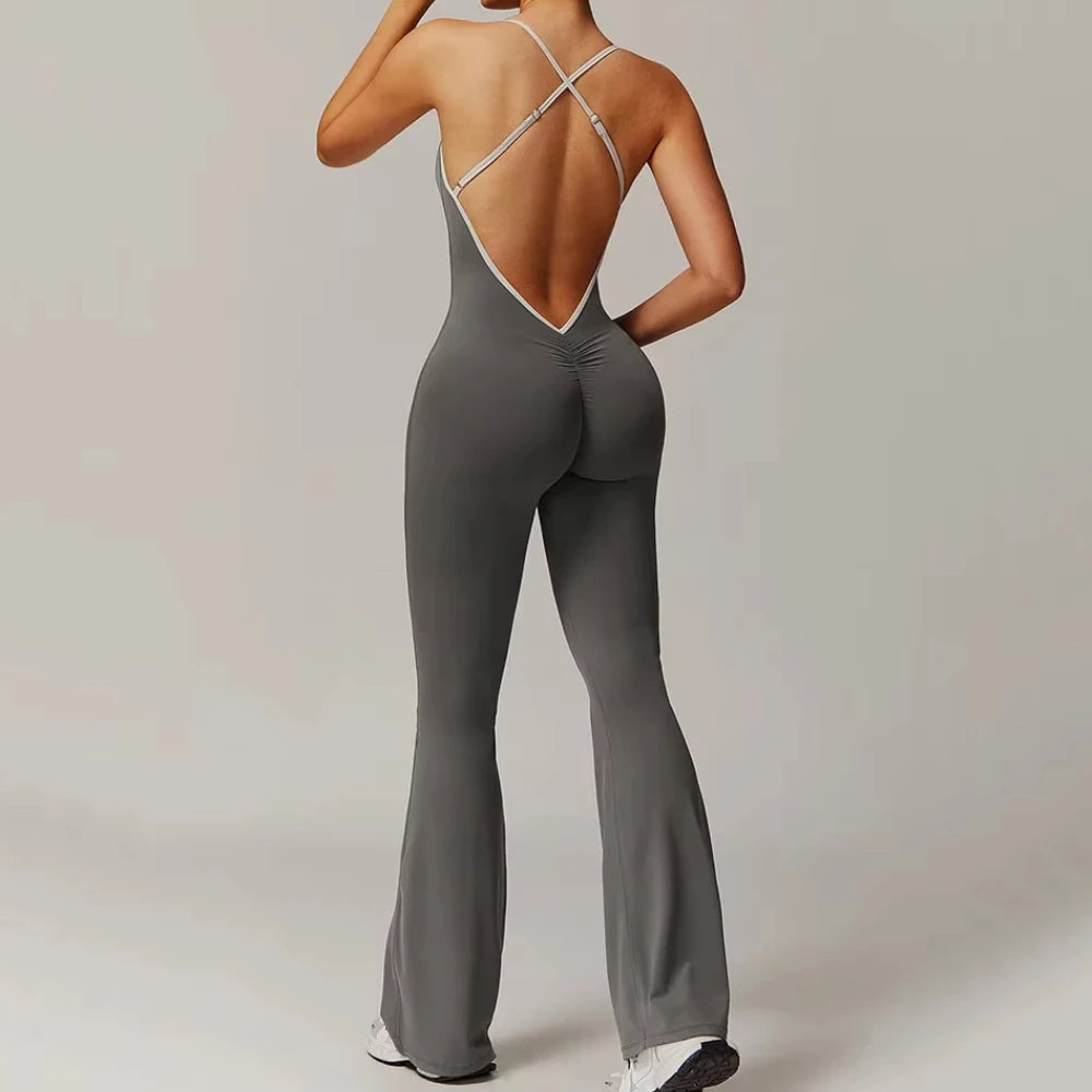 Women's Cross Back Polyester Blend Flared Workout Jumpsuit with Contrast Straps