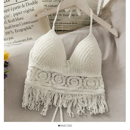 Women's Crochet Halter Crop Top with an Openwork Design and Fringe Hem
