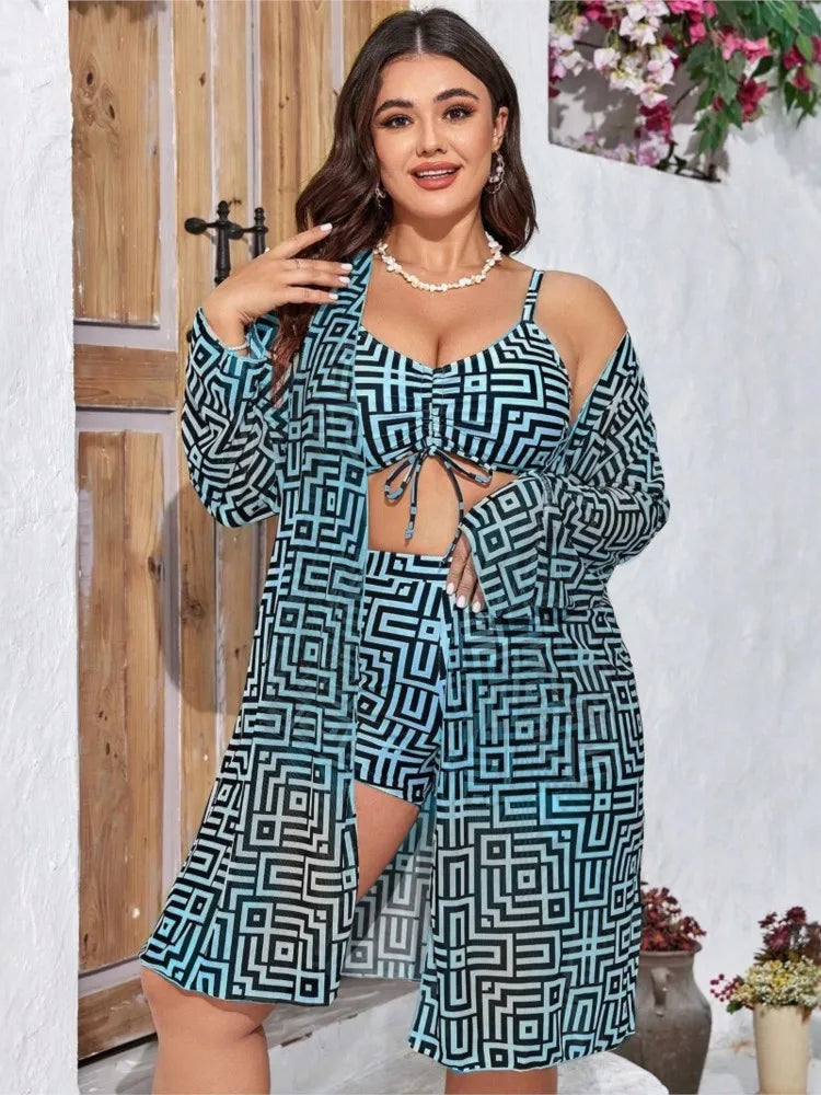 Women's Geometric Print Bikini Shorts Set with Long Sleeve Cover Up