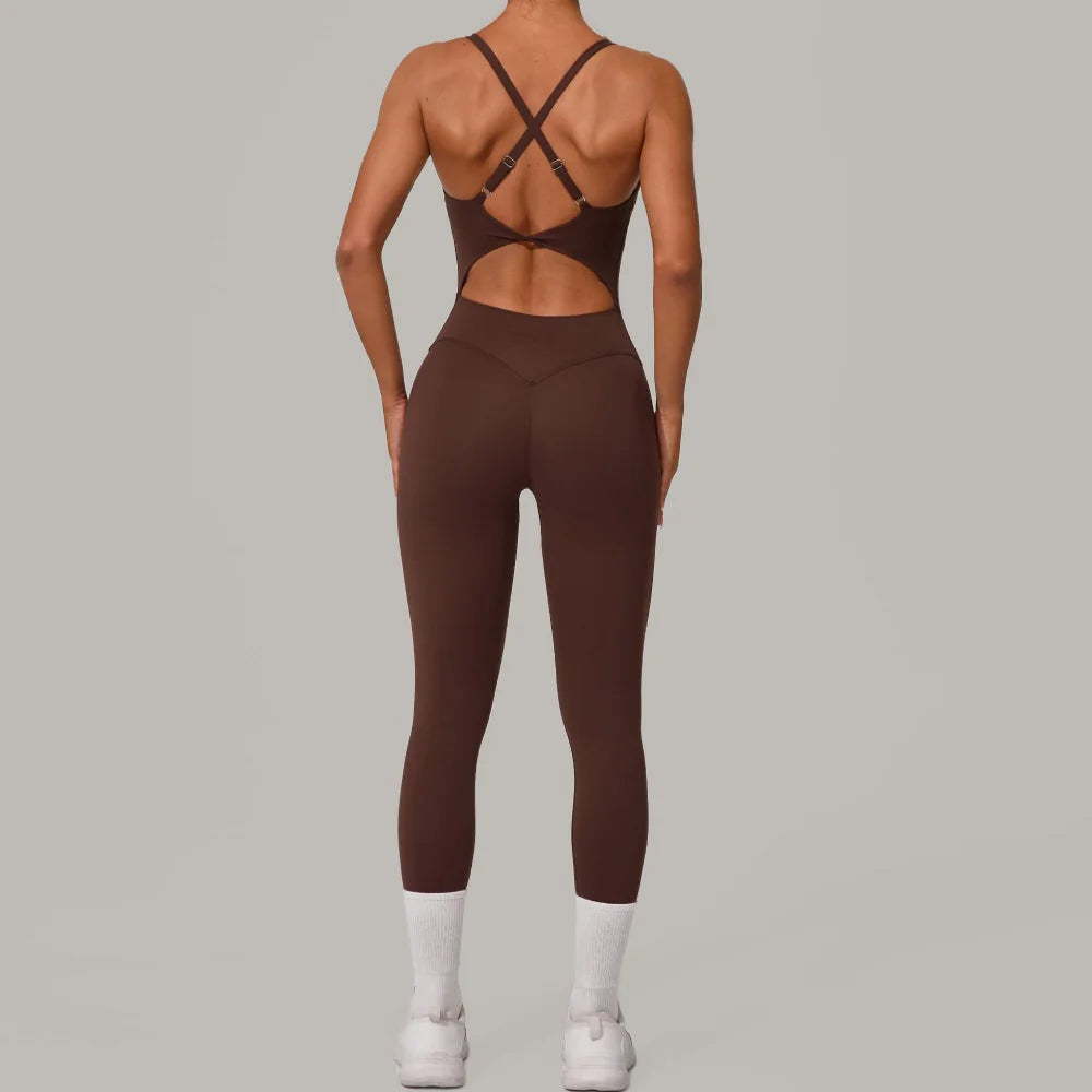 Women's Thin Strap Workout Jumpsuit with Crisscross Back and Fitted Legs