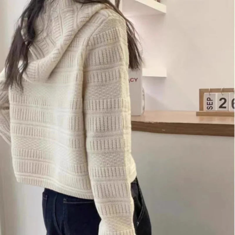 Autumn and Winter Thickened 100% Pure Wool Women's Hooded Knit Cardigan Loose Sweater Coat with Double Zippers Short Style