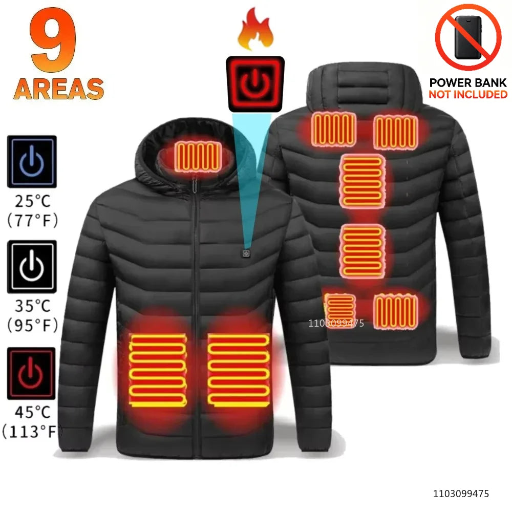 USB Heated Hooded Full Zip Long Sleeve Outdoor Jacket